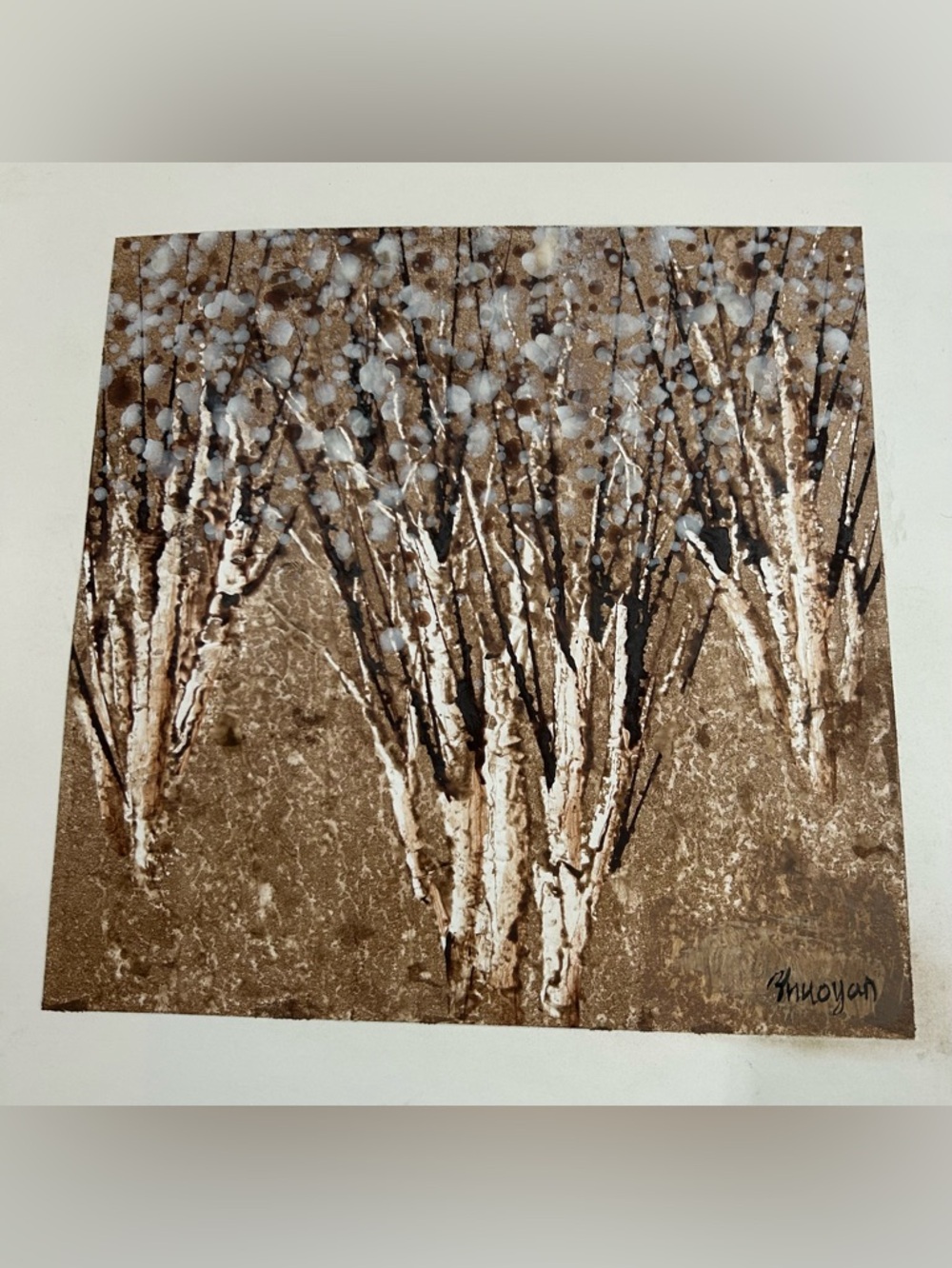 Neutral Brown and White Abstract Tree Painting 12x12